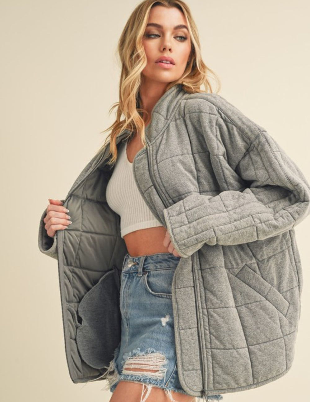 Aemi + Co Zip Up Drop Shoulder Quilted Washed Jacket