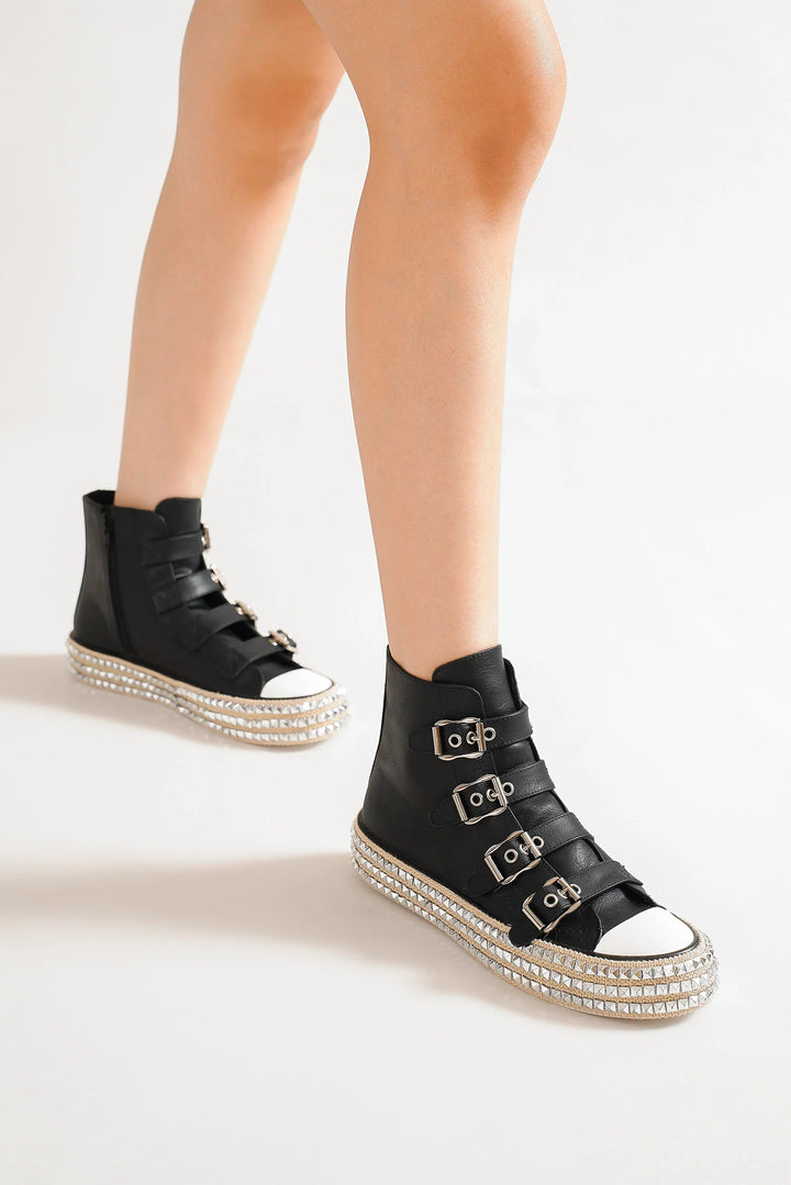 Beast Fashion Multi-Buckle Straps Studded Platform Sneakers Black Footwear