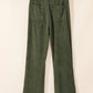 Olive green high-waist corduroy flare pants with square back pockets