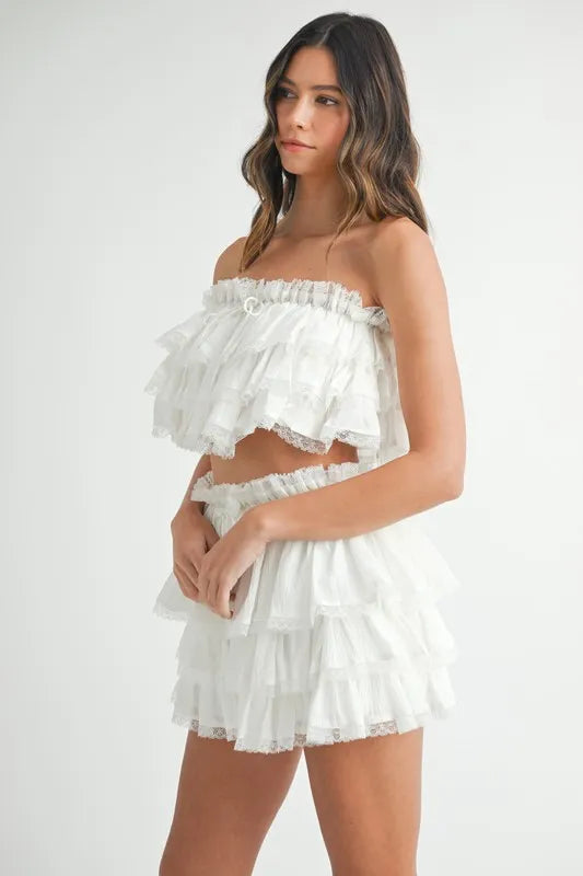 MABLE Ruffle Layered Crop Top and Mini Skirt Set Outfit Sets