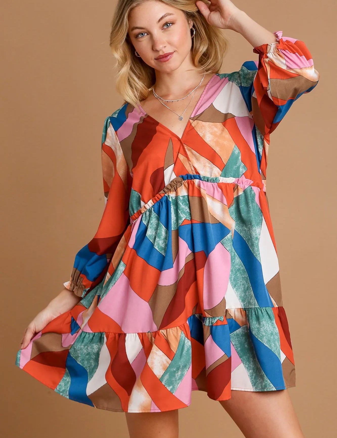 WINE MIX Umgee Abstract V-Neck Tiered Printed Dress | Daverri Fashions