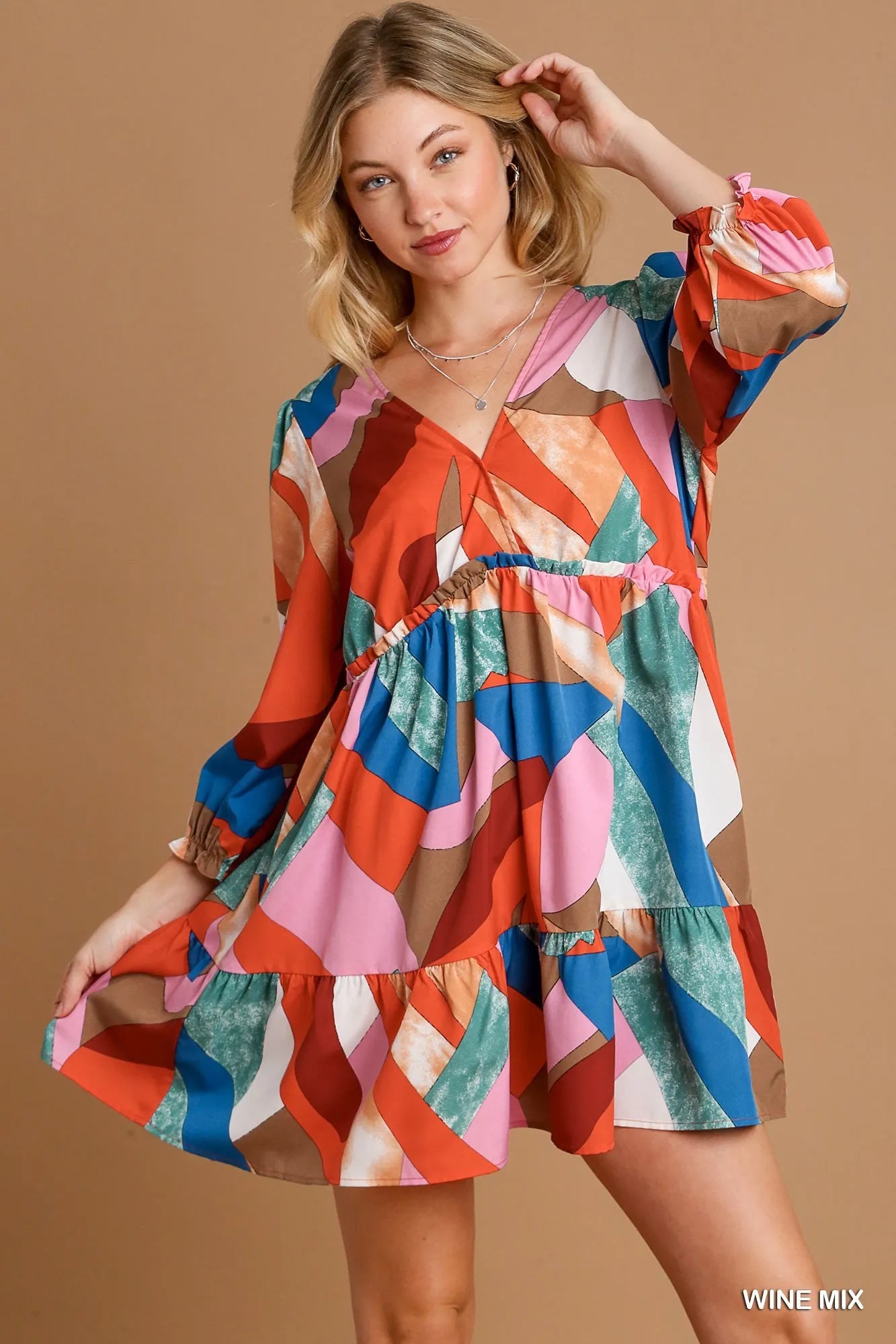 Umgee Abstract V-Neck Tiered Printed Dress WINE MIX