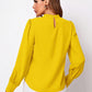 Bright yellow ruched mock neck long sleeve blouse with puffed shoulders