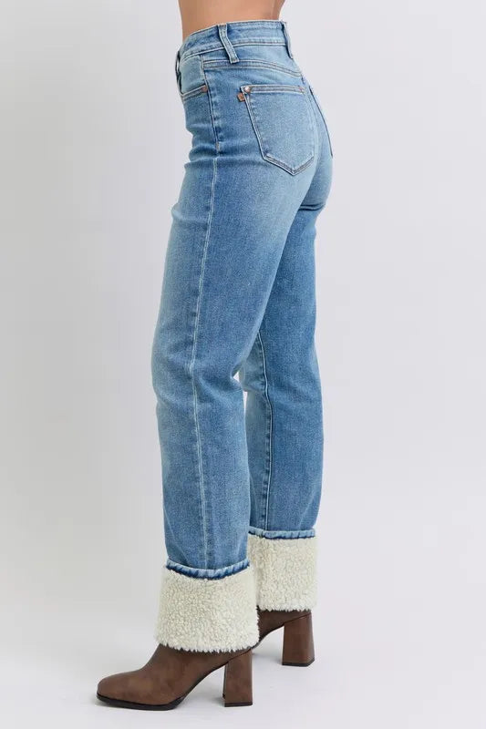 Judy Blue Full Size High Waist Shearling Cuff Straight Jeans