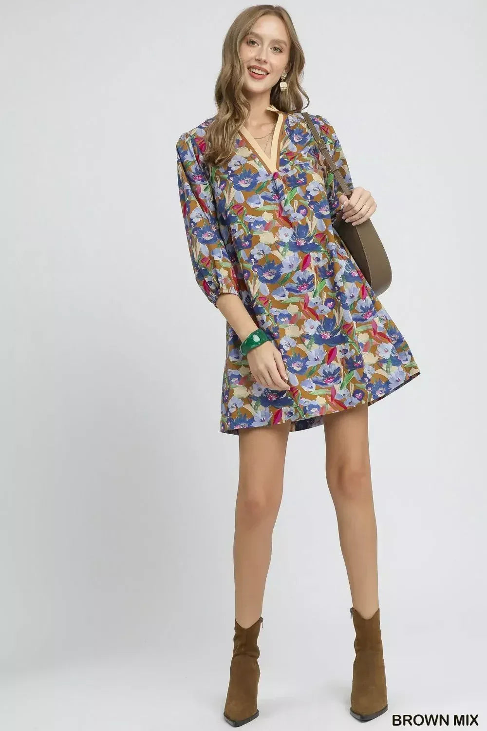 Umgee Boho Floral Balloon Sleeve Mini Dress - DAVERRI FASHIONS