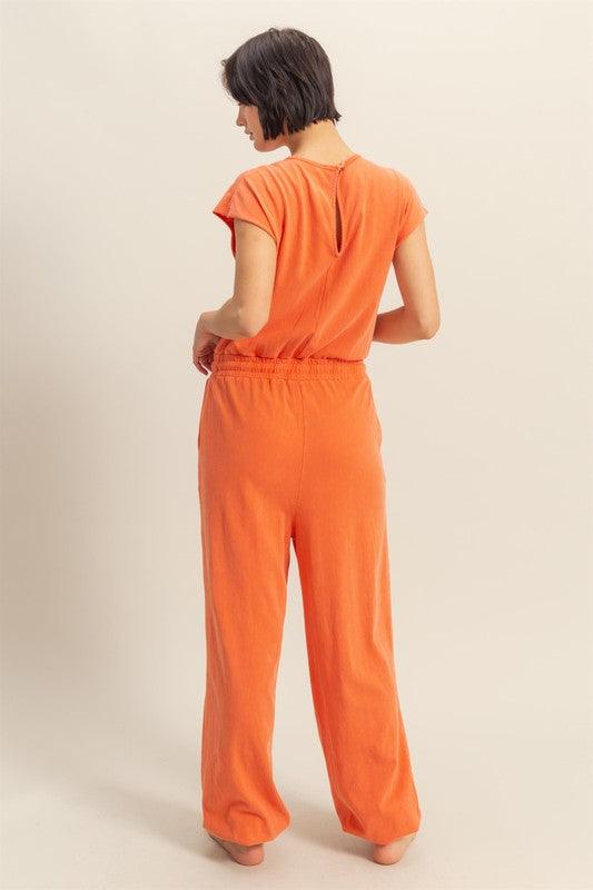 HYFVE Back Keyhole Round Neck Cap Sleeve Drawstring Jumpsuit | Daverri Fashions