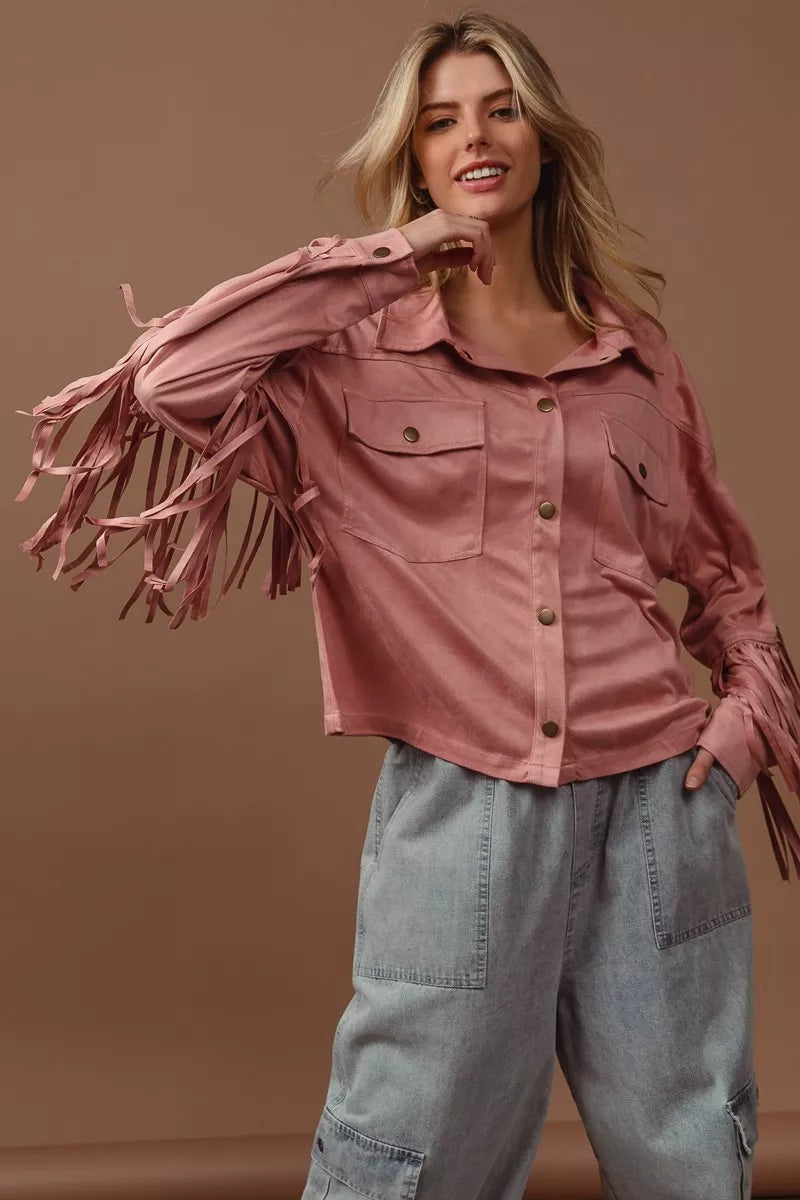 BiBi Suede Fringe Long Sleeve Jacket | Jackets Daverri Fashions