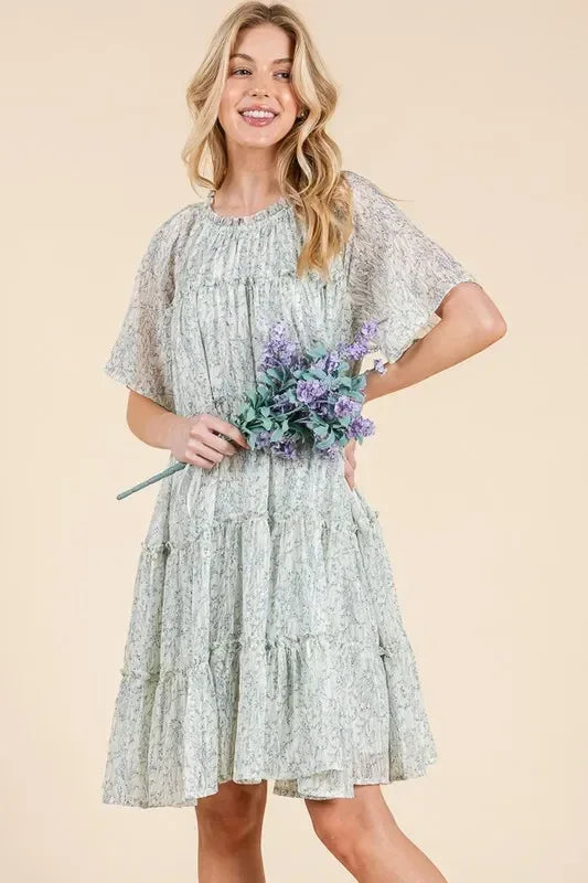 Lime 'N' Chili Ditsy Floral Print Sheer Ruffle Detail Mini Dress - DAVERRI FASHIONS