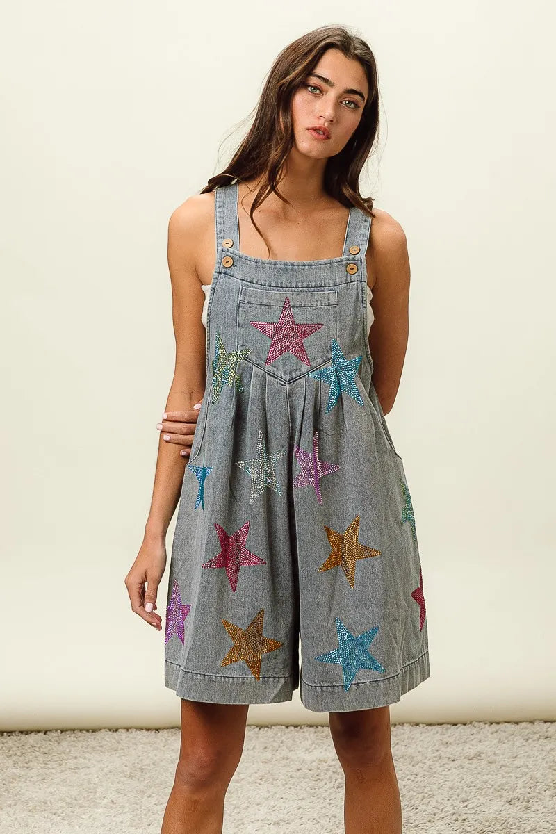 BiBi Star Rhinestone Washed Wide Leg Shortalls Shortalls
