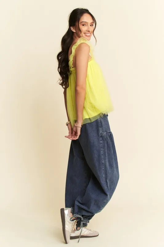 Vibrant lime green Davi & Dani shirred ruffle strap tulle babydoll top