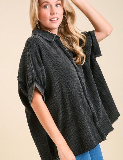 Umgee Full Size Cotton Gauze Mineral Wash Button Down Shirt Plus Size ASH Shirts