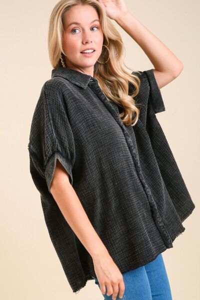 Umgee Full Size Cotton Gauze Mineral Wash Button Down Shirt Plus Size ASH Shirts