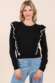 Mittoshop Contrast Trim Ruffled Round Neck Knit Top Black