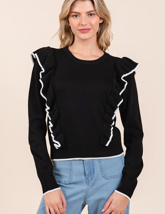 Mittoshop Contrast Trim Ruffled Round Neck Knit Top Black