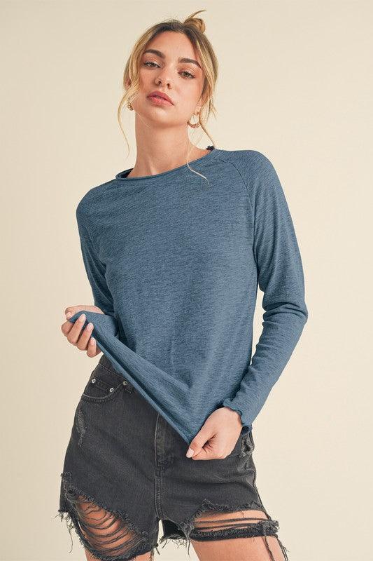 Aemi + Co Lettuce Hemline Round Neck Raglan Sleeve T-Shirt French Blue T-Shirts