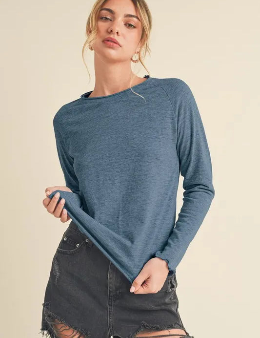 French Blue Aemi + Co Lettuce Hemline Round Neck Raglan Sleeve T-Shirt | Daverri Fashions