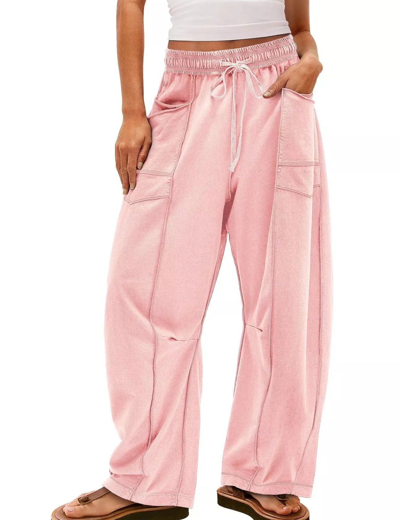 Light Pink Drawstring Wide Leg Elastic Waist Pants | Pants Daverri Fashions