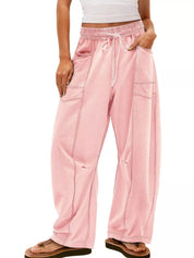 Light Pink Drawstring Wide Leg Elastic Waist Pants | Pants Daverri Fashions