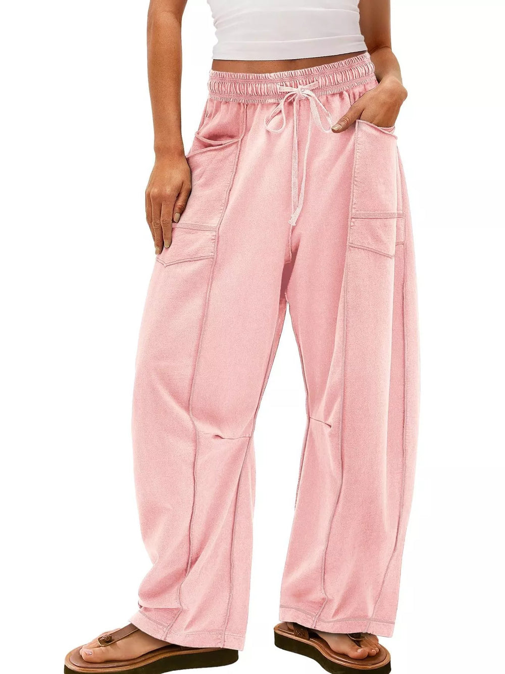 Light Pink Drawstring Wide Leg Elastic Waist Pants | Pants Daverri Fashions