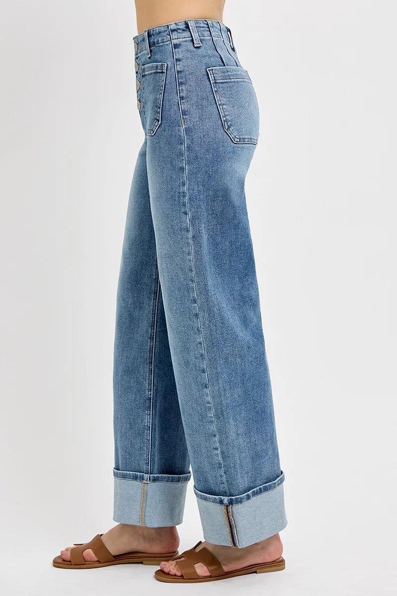 RISEN High Rise Ankle Wide Button Patch Pocket Cuffed Jeans | Jeans Daverri Fashions