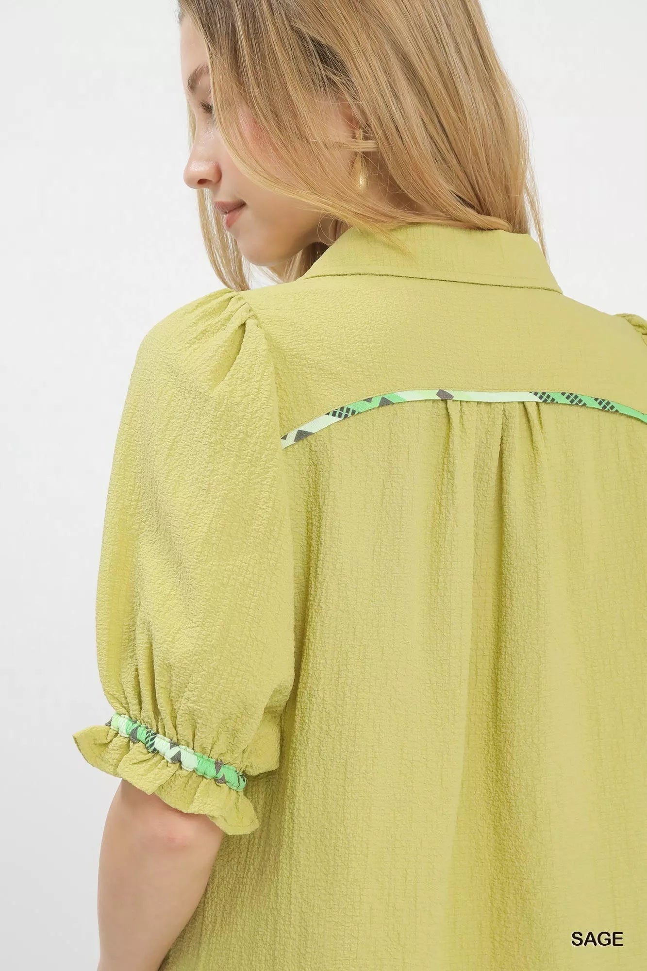 Sage green textured Umgee scalloped trim blouse with puff sleeves