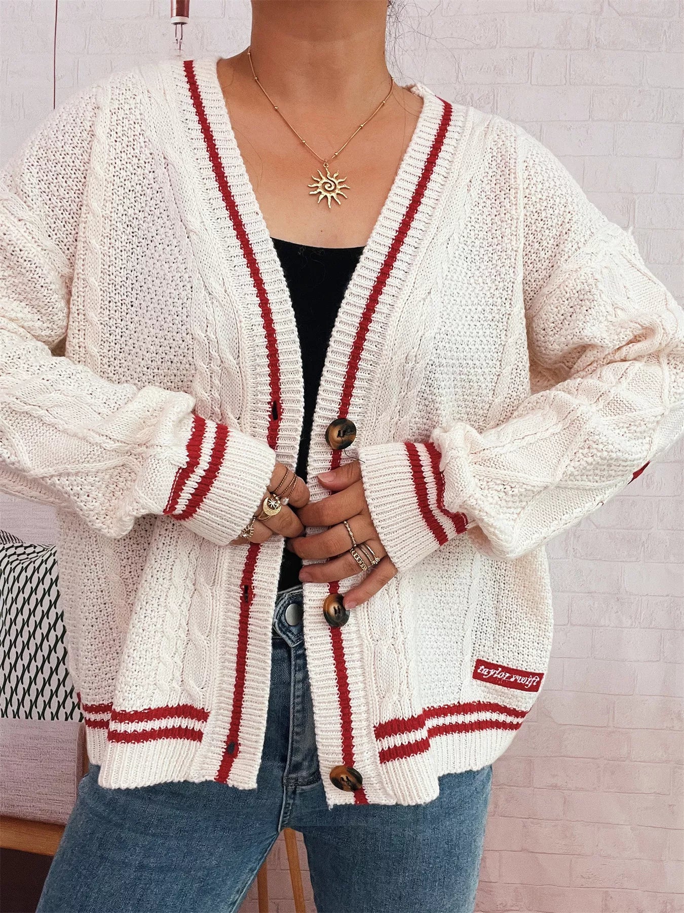 Star Pattern Button-Up Cardigan with Contrast Trim | Cardigans Daverri Fashions