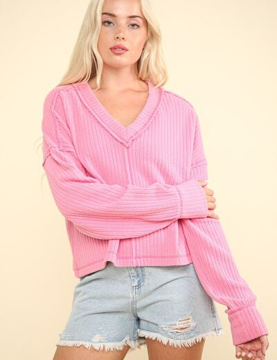 VERY J Exposed Seam V-Neck Ribbed Knit Top Pink M Tops