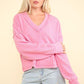 VERY J Exposed Seam V-Neck Ribbed Knit Top Pink M Tops