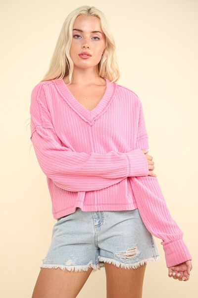 VERY J Exposed Seam V-Neck Ribbed Knit Top Pink M Tops