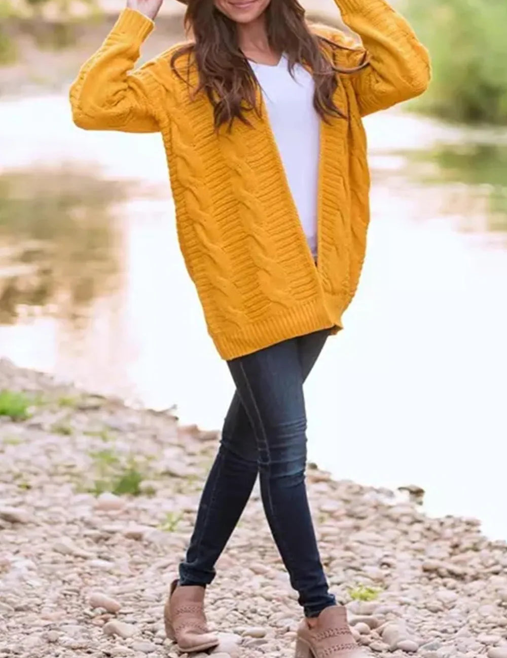 Cable-Knit Open Front Long Sleeve Cardigan | Cardigans Daverri Fashions