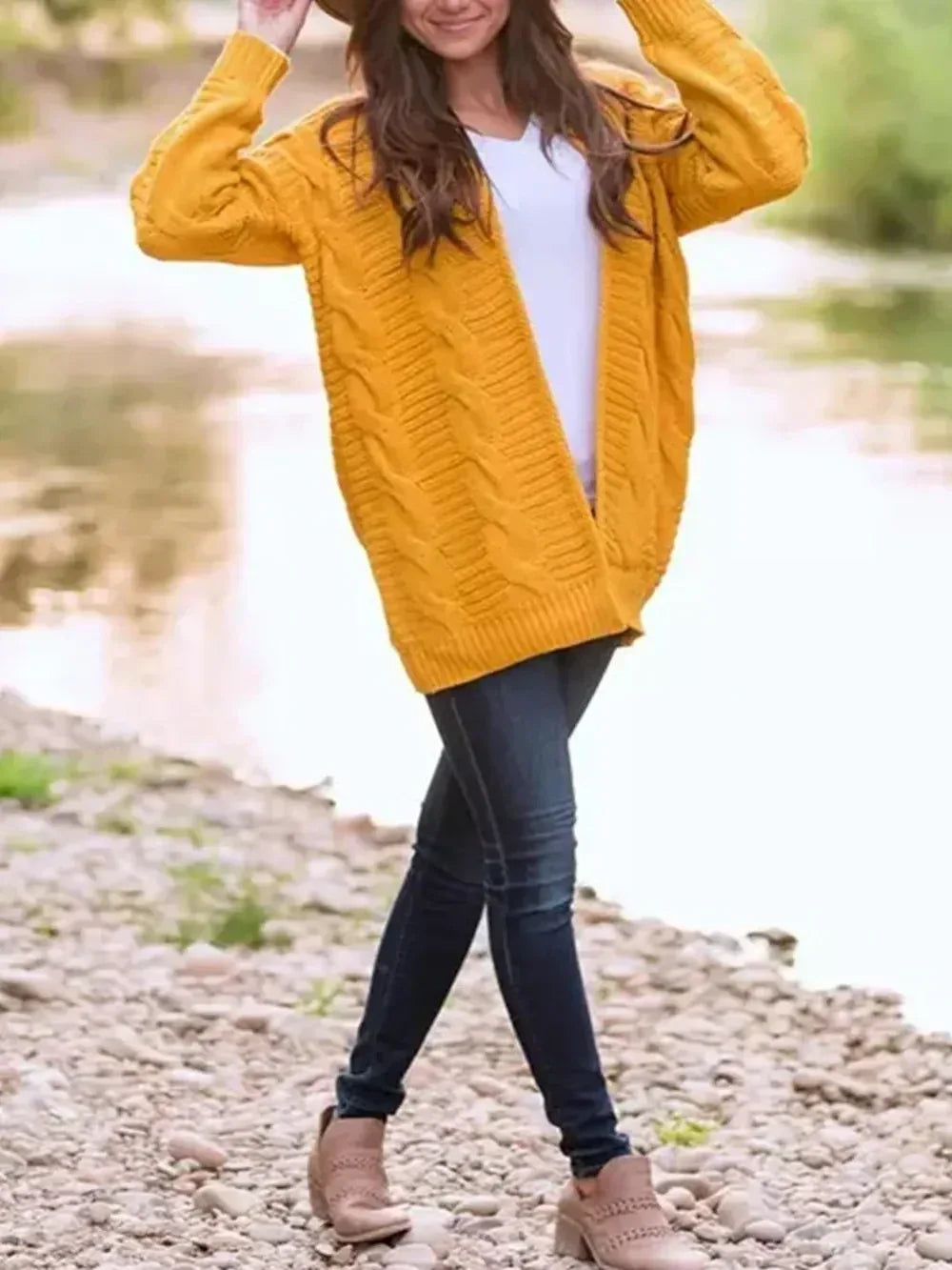 Cable-Knit Open Front Long Sleeve Cardigan - DAVERRI FASHIONS