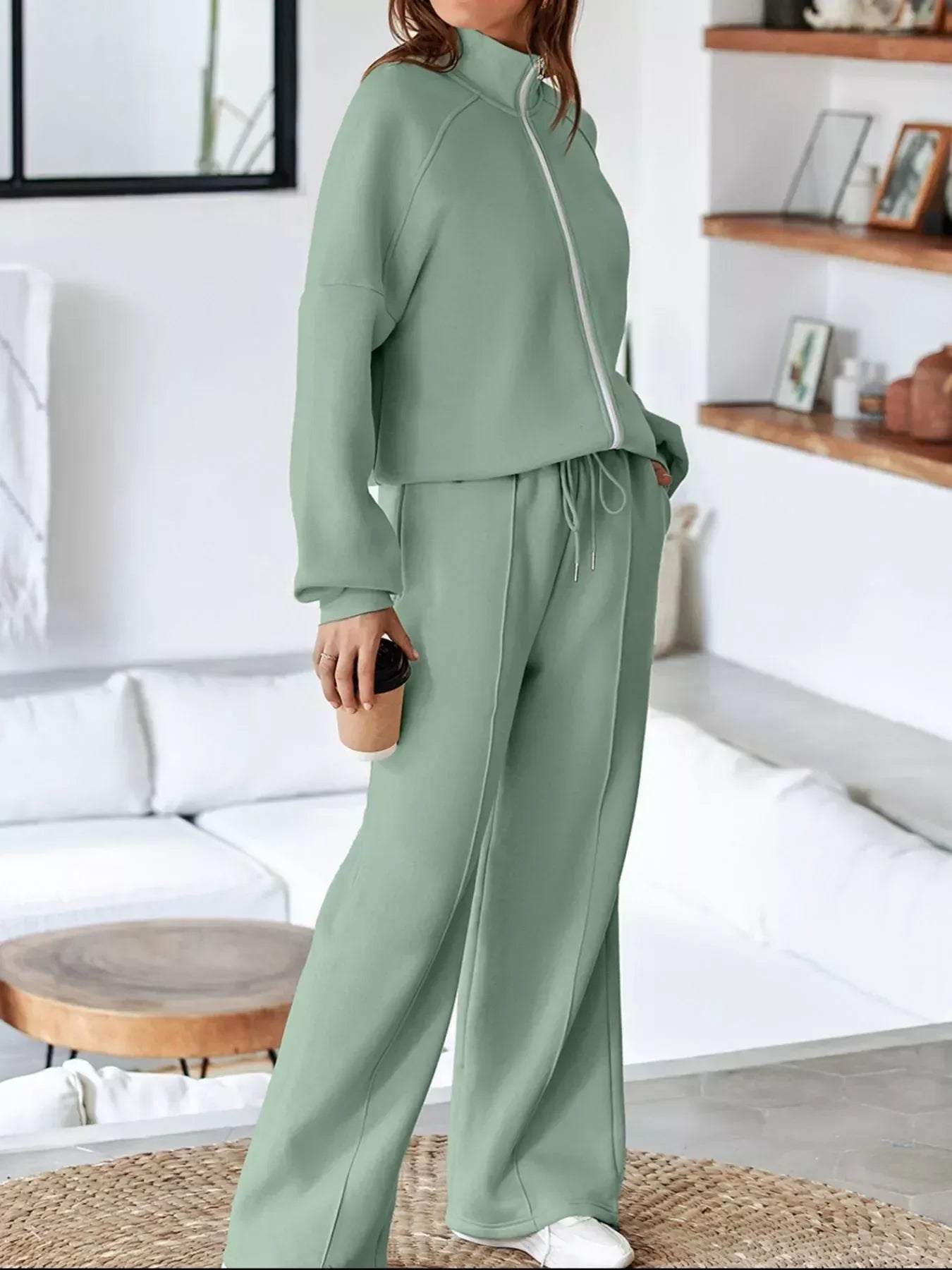 Drop Shoulder Zip Up Jacket and Drawstring Pants Active 2pcs Set - DAVERRI FASHIONS