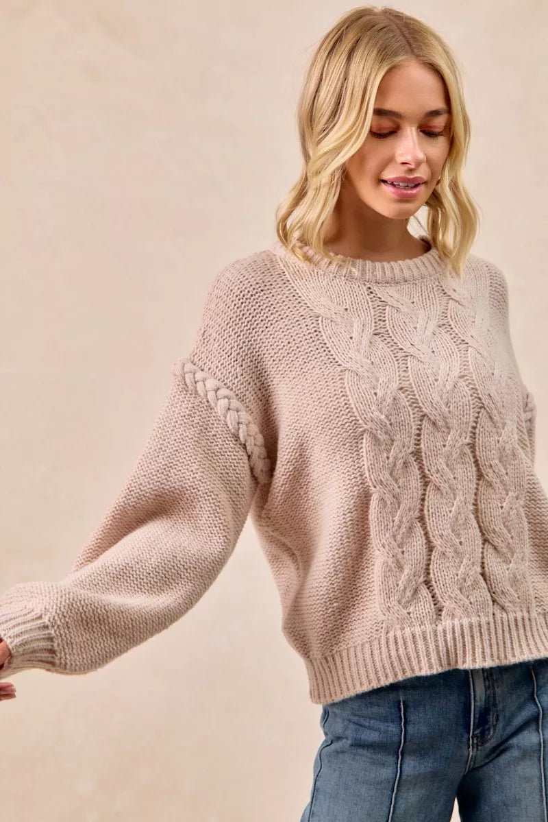 Beige BiBi cable knit sweater with balloon sleeves and shoulder braid