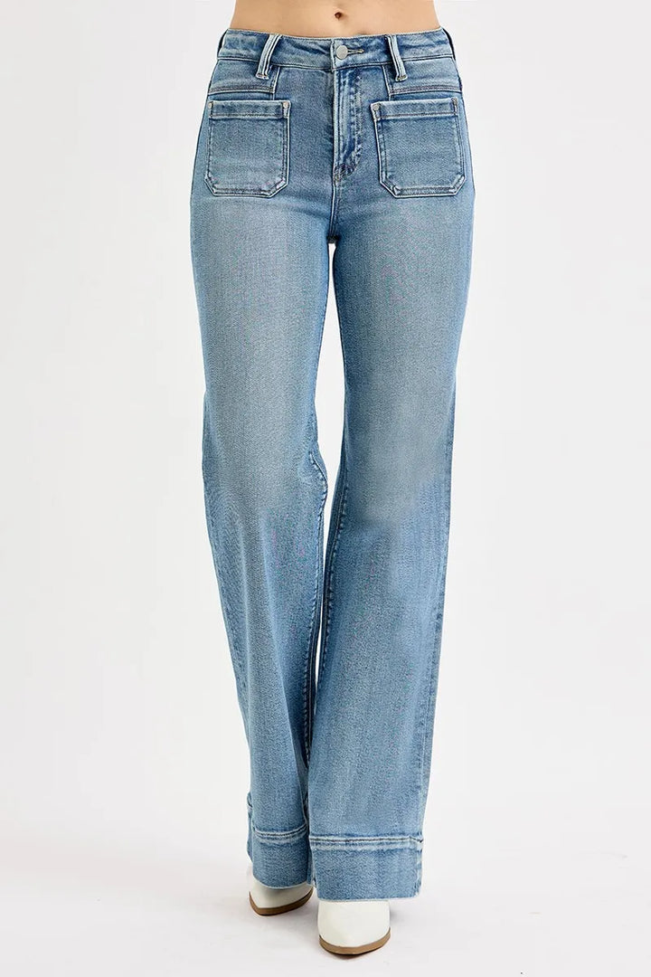 RISEN Full Size High Rise Wide Flare Patch Pocket Jeans Jeans