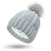 Light Grey One size Stretchy Satin-Lined Skull Knit Pom Pom Hat | Hats Daverri Fashions
