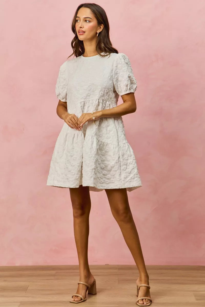 White textured lace SO ME floral jacquard diagonal tiered mini dress