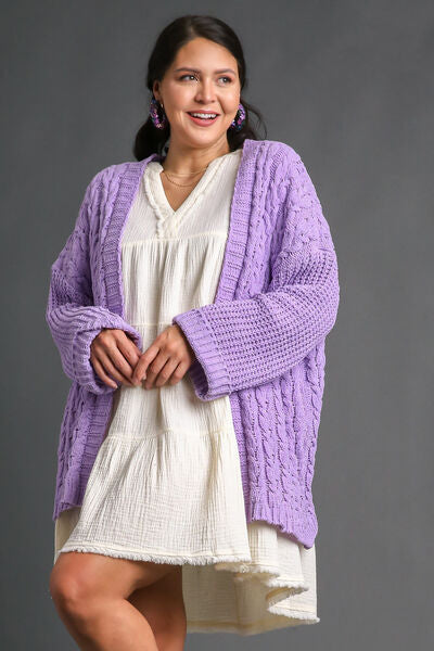 Umgee Full Size Cable Knit Open Front Long Sleeve Cardigan