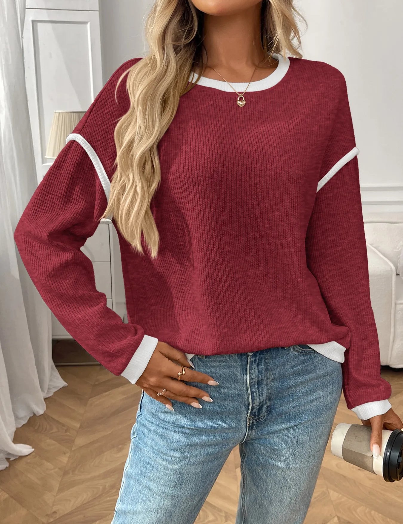 Ribbed Contrast Trim Long Sleeve Top | Knit Tops Daverri Fashions