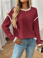 Ribbed Contrast Trim Long Sleeve Top | Knit Tops Daverri Fashions