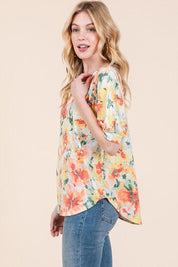 BOMBOM Floral Round Neck Puff Sleeve Top | Tops Daverri Fashions