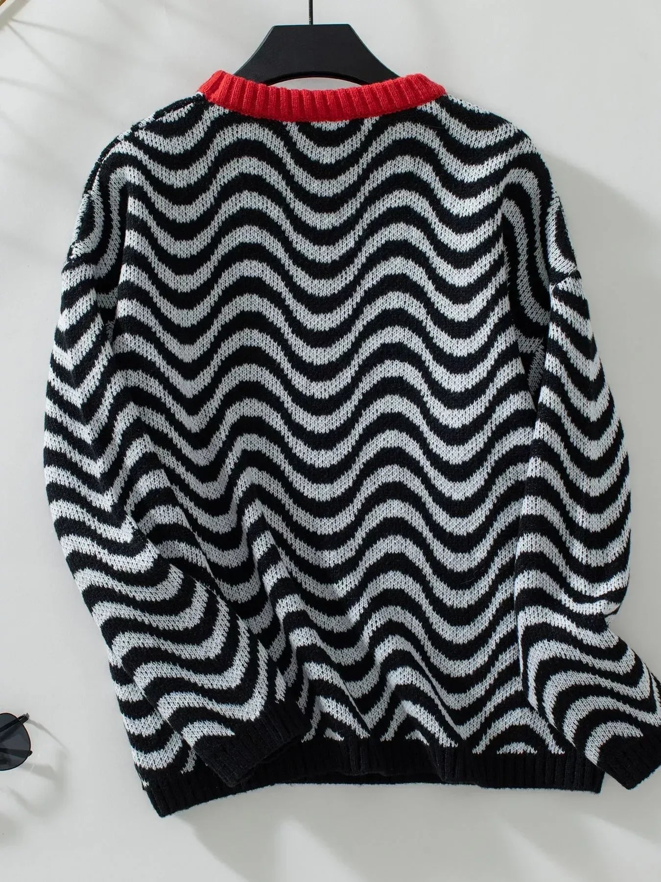 Wavy Striped Round Neck Sweater - DAVERRI FASHIONS