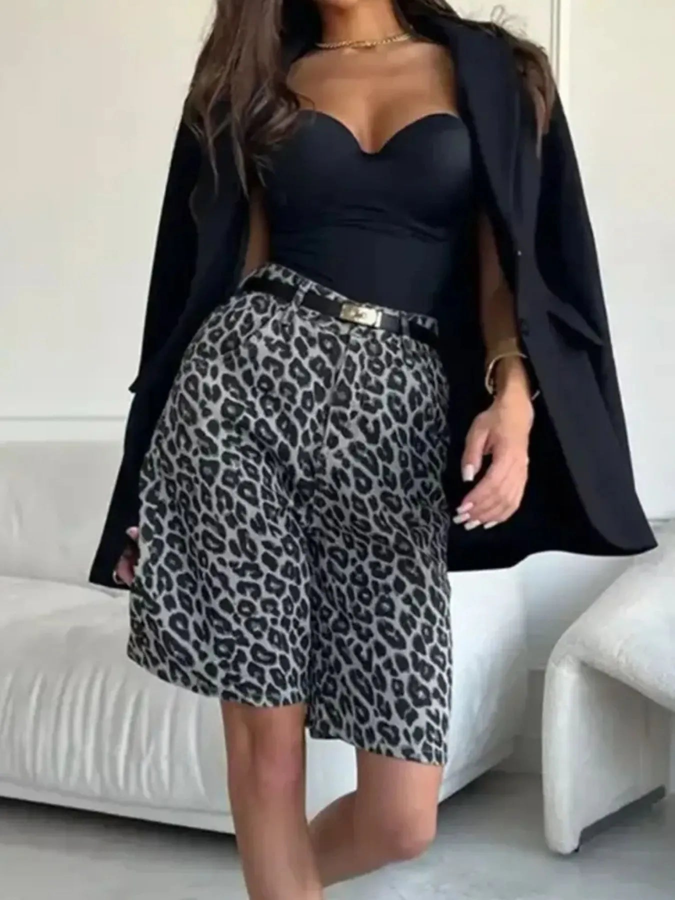 Leopard Print High-Waisted Denim Shorts | Shorts Daverri Fashions