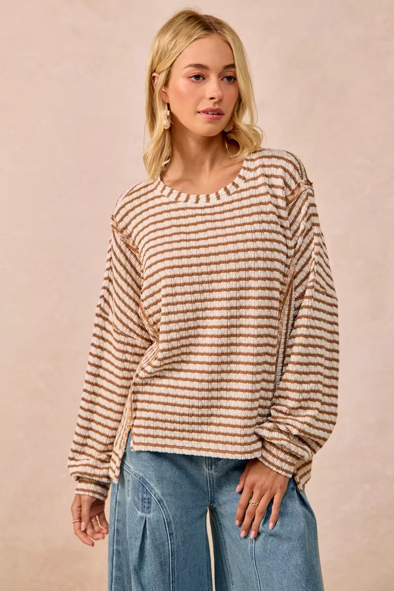 BiBi Open Seam Detail Textured Stripe Knit Top | Knit Tops Daverri Fashions