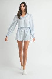 MABLE Long Sleeve Scallop Blouse and Shorts Set | Outfit Sets Daverri Fashions
