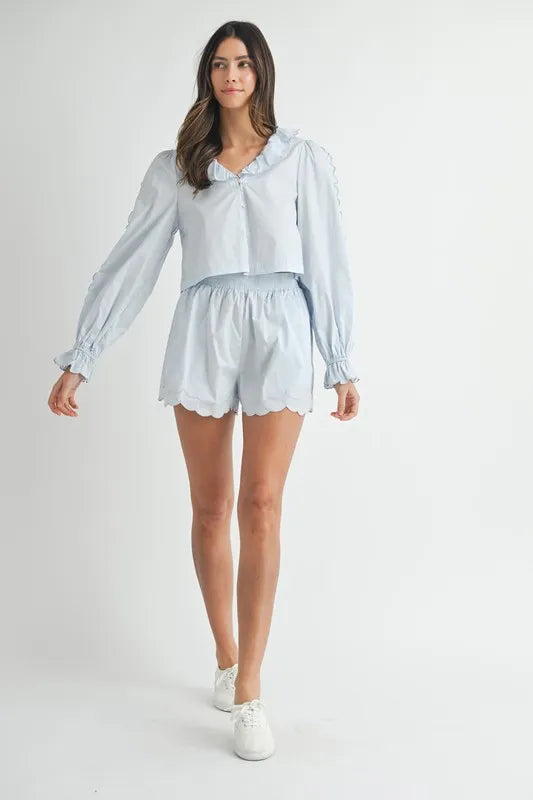 MABLE Long Sleeve Scallop Blouse and Shorts Set Outfit Sets
