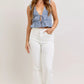 Blue and white gingham ruffled top with front tie on Judy Blue jeans