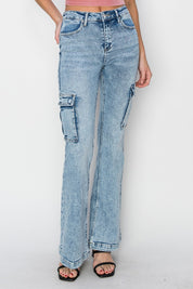 RISEN Full Size High Rise Cargo Flare Jeans Bottoms