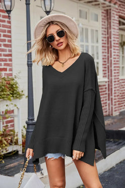 Slit V-Neck Dropped Shoulder Sweater - DAVERRI FASHIONS