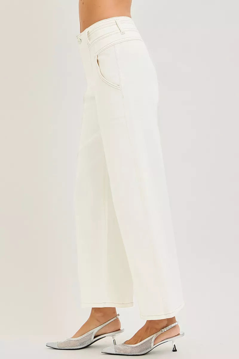 RISEN High Rise Ankle Wide Pants in white minimalist denim