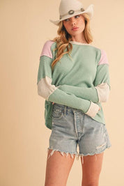 Aemi + Co Raw Seam Color Block Round Neck Knit Top | Tops Daverri Fashions